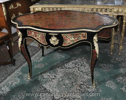 Shaped French Boulle Desk Bureau Plat Inlay Writing Centre Table